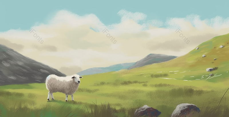 春日夏日季节在一望无际的绿色大草原上的一只绵羊风景插画,插画/手绘图,插画/手绘图库,插画/手绘图下载,插画/手绘
